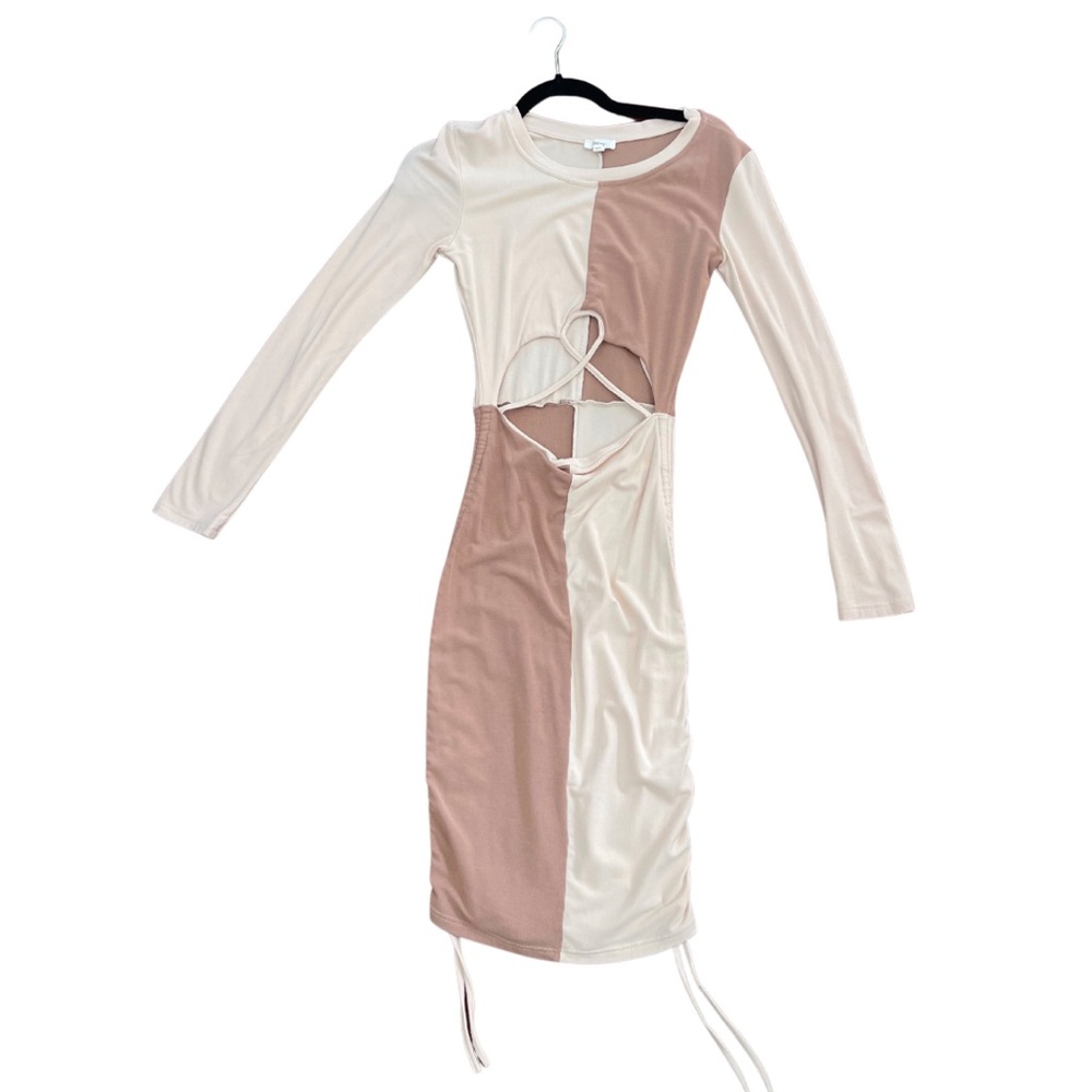 Brown & Cream Long Sleeve Midi Dress with Cutout – Size L